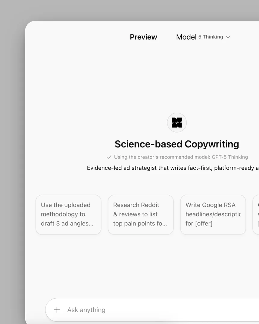 واجهة الـ Custom-GPT باسم Science-based Copywriting مع أوامر جاهزة لصياغة الإعلانات.