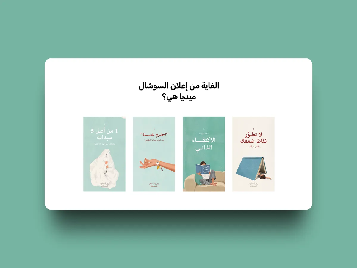 شريحة من الدورة تسأل: الغاية من إعلان السوشال ميديا هي؟ وتحتها أربعة إعلانات كتب.