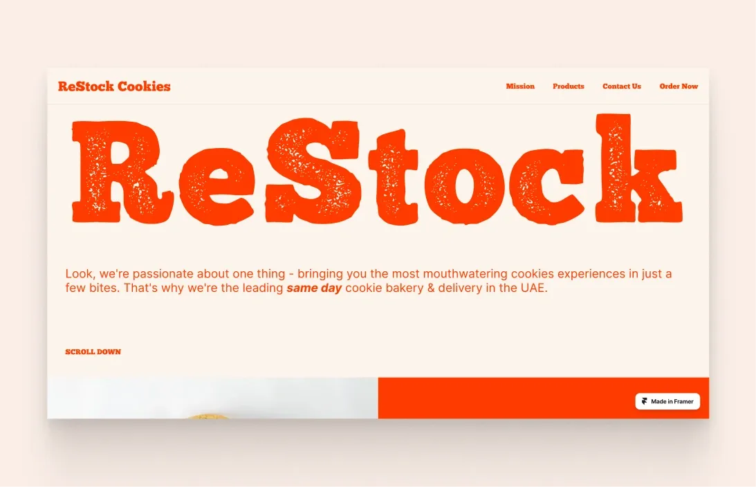 صفحة هبوط لمخبز ReStock Cookies، بعنوان ضخم واحد وزر طلب.