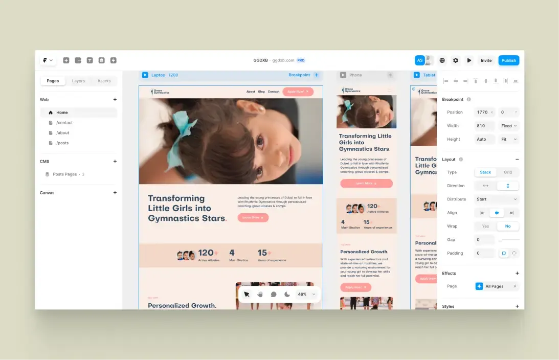 محرّر Framer أثناء بناء موقع معهد غريس، مع لوحة الصفحات ولوحة الخصائص.
